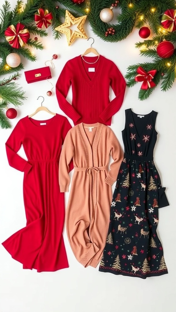 Flat lay of Christmas outfits including a red dress, knit sweater, jumpsuit, and festive skirt with holiday decorations.